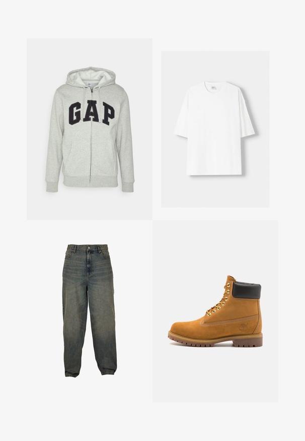 Hanorac gri cu fermoar, prevăzut cu o buză frontală tip kangur, având un logo negru "GAP". Material moale și glugă ajustabilă cu șnur.; Tricou alb cu mânecă scurtă, confecționat din bumbac, cu un decolteu rotund și o croială lejeră. Textură netedă, fără modele sau accente vizibile.; Jeansi din denim cu talie înaltă de culoare albastru deschis, cu un design wide-leg, având cinci buzunare și o închidere cu nasture frontal. Spălare estompată cu o textură subtilă.; Cizmă de gleznă din întoarsă de culoare bej, cu guler negru căptușit, ochiuri din metal auriu, detalii de cusătură albă și talpă din cauciuc robustă, cu un model pronunțat.
