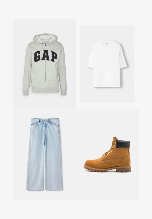 Felpa grigia con zip e tasca a marsupio frontale, con il logo "GAP" in nero. Tessuto morbido e cappuccio regolabile con cordino.; T-shirt bianco a maniche corte realizzato in cotone, con scollatura rotonda e vestibilità rilassata. Texture liscia, senza motivi o dettagli visibili.; Jeans a gamba larga blu chiaro con un classico design a cinque tasche, dotati di una vita standard e orlo grezzo. Tessuto di denim morbido con leggeri sbiadimenti.; Stivale alla caviglia in suede tan con collare imbottito nero, occhielli in metallo dorato, dettagli in cucitura bianca e suola in gomma robusta con battistrada pronunciato.