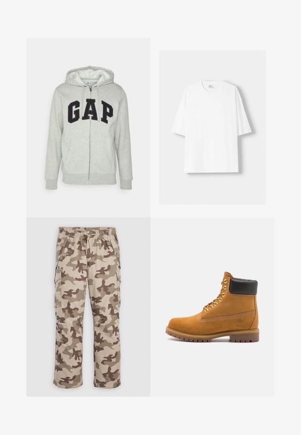 Šedá mikina s kapsou na klokanku a zipem, s černým logem "GAP". Měkká látka a nastavitelné stahovací kapuce.; Bílá krátkosrstá tričko s krátkým rukávem vyrobené z bavlny, se zaobleným výstřihem a volným střihem. Hladká textura, bez viditelných vzorů nebo akcentů.; Beige a hnědé maskáčové cargo kalhoty s elastickým pasem, šňůrkou a knoflíkovými bočními a předními kapsami na bílém pozadí.; Hnědé semišové kotníkové boty s černým polstrovaným límcem, zlatými kovovými očky, bílým prošíváním a odolnou gumovou podrážkou s výraznými drážkami.