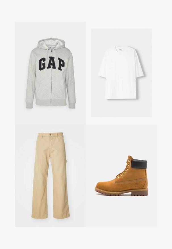 Siva zip-up kapuca z zadrgo s sprednjim kengurujskim žepom, s črnim logotipom "GAP". Mehak material in nastavljiva kapuca na vrvico.; Bela kratka majica s kratkimi rokavi iz bombaža, s krožnim izrezom in sproščenim krojem. Gladka tekstura, brez vidnih vzorcev ali poudarkov.; Bež široke cargo hlače z gumbom, ki imajo stranske žepke, vyrabljene iz trpežne bombažne tkanine, gladke teksture in ravnega kroja.; Svetlo rjave anklne čizme iz semiša z črnim oblazinjenim ovratnikom, zlatimi kovinskimi očesci, belimi šivi in robustnim gumijastim podplatom s izrazitimi tredi.