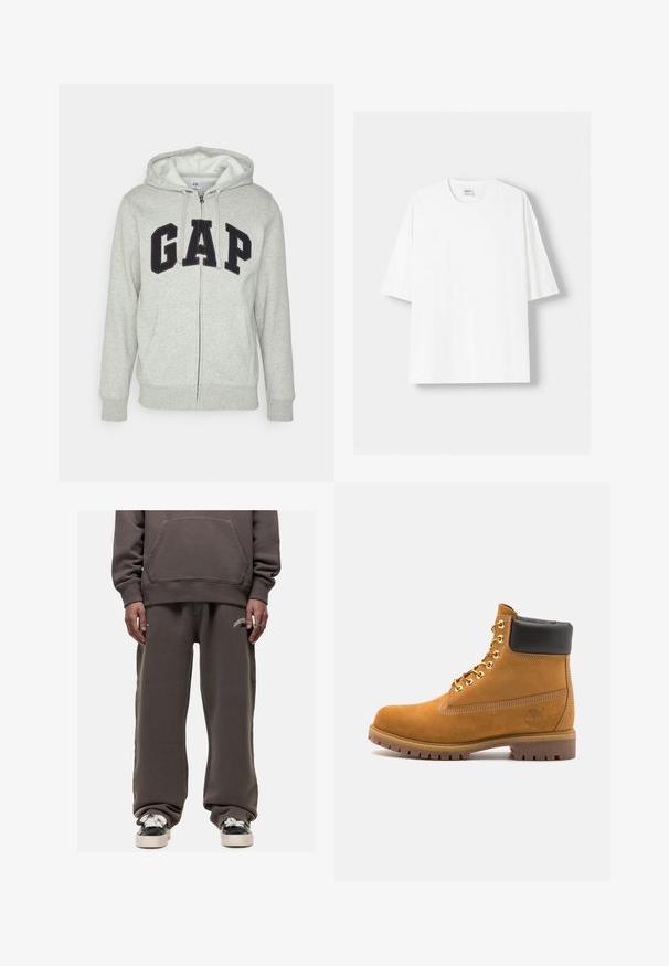 Grijze zip-up hoodie met een voorkant kangaroo zak, met een zwart "GAP" logo. Zachte stof en verstelbare trekkoordcapuchon.; Witte t-shirt met korte mouwen, gemaakt van katoen, met een ronde halslijn en een relaxte pasvorm. Gladde textuur, zonder zichtbare patronen of accenten.; Donkergrijze hoodie met een kangoeroezak, gecombineerd met bijpassende losse joggingbroek met een wit logo op de linker bovenbeen.; Tan suède enkelboot met zwart gevoerd kraagje, gouden metalen oogjes, witte stikdetails en een robuuste rubberen zool met uitgesproken profiel.