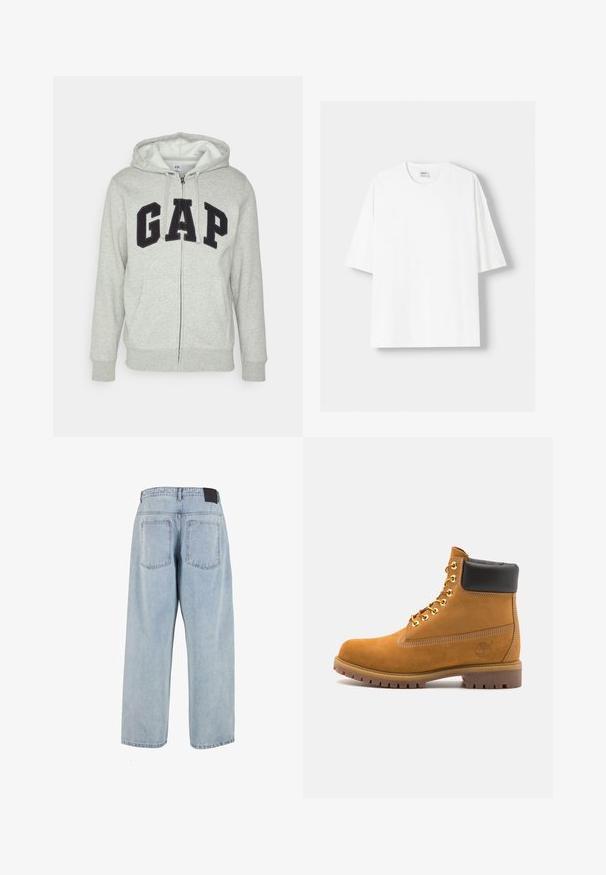 Szara bluza z kapturem na zamek z przednią kieszenią typu kangur, z czarnym logo "GAP". Miękka tkanina i regulowany kaptur z sznurkiem.; Biała koszulka z krótkim rękawem wykonana z bawełny, z okrągłym dekoltem i luźnym krojem. Gładka faktura, bez widocznych wzorów lub akcentów.; Jasnoniebieskie, żyłkowane jeansy z wysokim stanem, o luźnym kroju, z dwiema tylnymi kieszeniami oraz czarną skórzaną metką w pasie. Prosta nogawka.; Beżowe zamszowe botki sięgające kostki z czarną wyściełaną krawędzią, złotymi oczkami, białymi detalami szycia oraz wytrzymałą gumową podeszwą z wyraźnym bieżnikiem.
