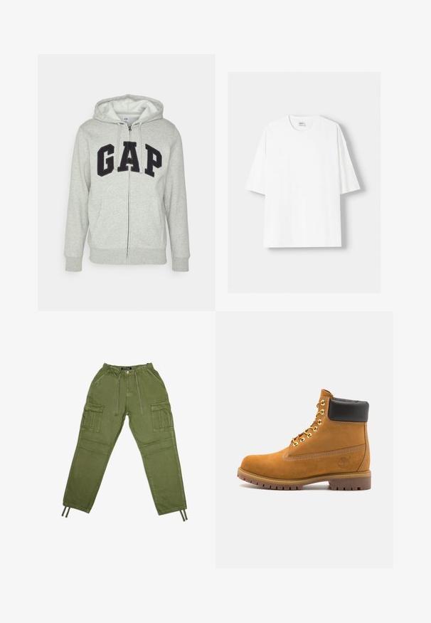 Grauer Reißverschluss-Hoodie mit einer vorderen Kängurutasche, ausgestattet mit einem schwarzen "GAP"-Logo. Weicher Stoff und verstellbare Kapuze mit Kordelzug.; Weißes kurzärmliges T-Shirt aus Baumwolle mit Rundhalsausschnitt und lockerer Passform. Glatte Textur, ohne sichtbare Muster oder Akzente.; Olivgrüne Cargo-Hosen aus leichtem Material, mit einem elastischen Bund, Schnürzügen und mehreren Seitentaschen.; Beige Wildleder-Ankle-Boot mit schwarzem gepolstertem Kragen, goldenen Metallösen, weißen Nähdetalben und einer robusten Gummisohle mit ausgeprägtem Profil.