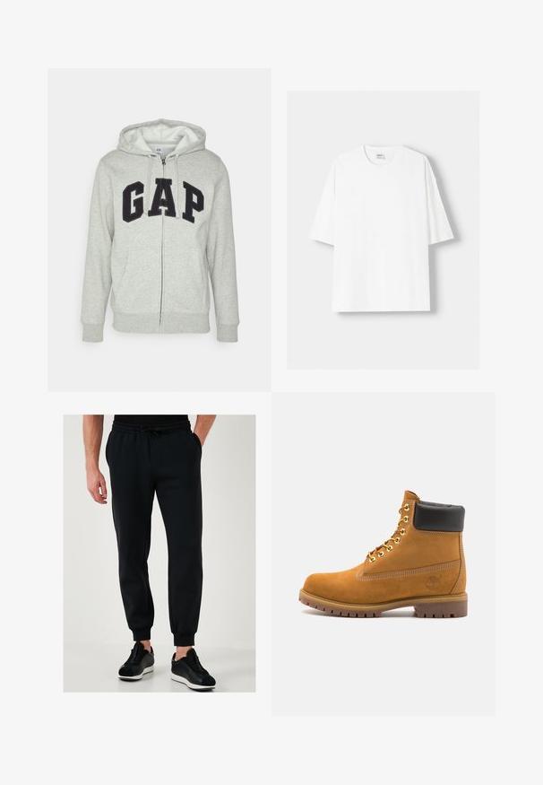 Sivi dukserica sa zatvaračem i prednjim kengur džepom, s crnim "GAP" logom. Mekana tkanina i kapuljača s podesivim vezicama.; Bijela kratkodlana majica s kratkim rukavima, izrađena od pamuka, s okruglim izrezom i opuštenim krojem. Gladak materijal, bez vidljivih uzoraka ili akcenta.; Crne trenirke s elastičnim pojasom, bočnim džepovima i manžetama na anklima. Izrađene od mekanog materijala, u paru s crnim sportskim cipelama.; Antracitne antilop čizme do gležnjeva s crnim podstavljenim ovratnikom, zlatnim metalnim rupicama, bijelim šavovima i robusnom gumenom potplatom s izraženim šarama.