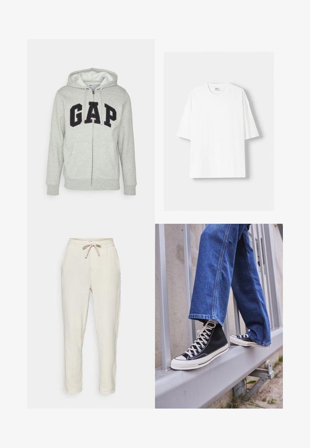 Grå zip-up hoodie med en front kangaroo-lomme, der har et sort "GAP" logo. Blødt stof og justerbar hætte med snor.; Hvid kortærmet T-shirt lavet af bomuld, med rund halsudskæring og en afslappet pasform. Glat tekstur, uden synlige mønstre eller detaljer.; Lys beige, teksturerede bomuldsbukser med elastisk talje og snoretræk. Har sidelommer og tapered ben.; Sorte høj-top sneakers med hvid sål og snørebånd, parret med løse blå denimjeans, hvilende på et gråt gelænder.