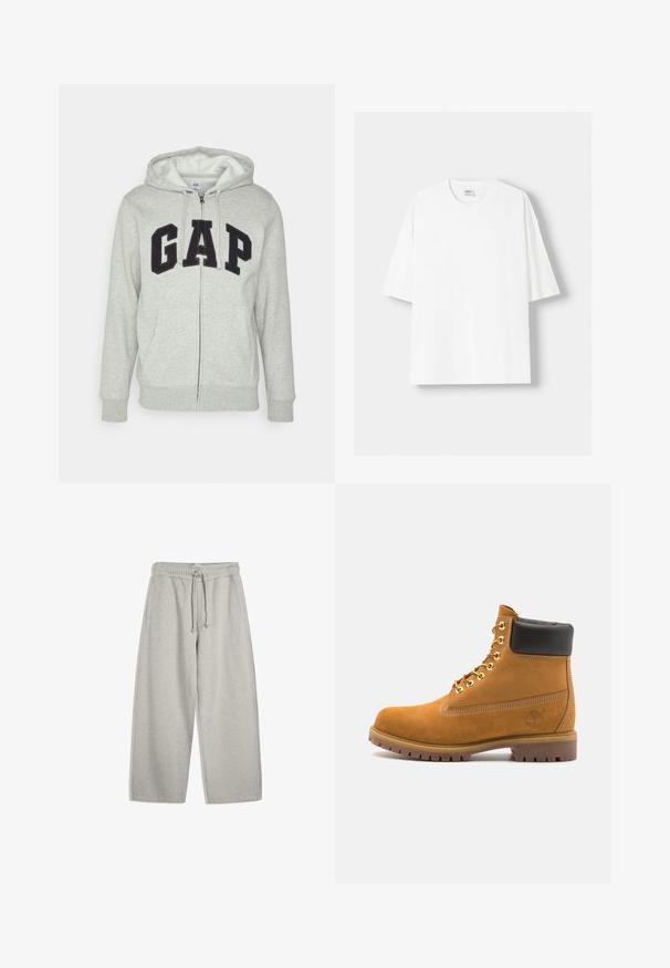 Siva zip-up kapuca z zadrgo s sprednjim kengurujskim žepom, s črnim logotipom "GAP". Mehak material in nastavljiva kapuca na vrvico.; Bela kratka majica s kratkimi rokavi iz bombaža, s krožnim izrezom in sproščenim krojem. Gladka tekstura, brez vidnih vzorcev ali poudarkov.; Svetlosive trenirke izdelane iz mešanice mehkega bombaža, z elastičnim pasom in vrvico, dvema stranskima žepoma in sproščenim širokima nogavicama.; Svetlo rjave anklne čizme iz semiša z črnim oblazinjenim ovratnikom, zlatimi kovinskimi očesci, belimi šivi in robustnim gumijastim podplatom s izrazitimi tredi.