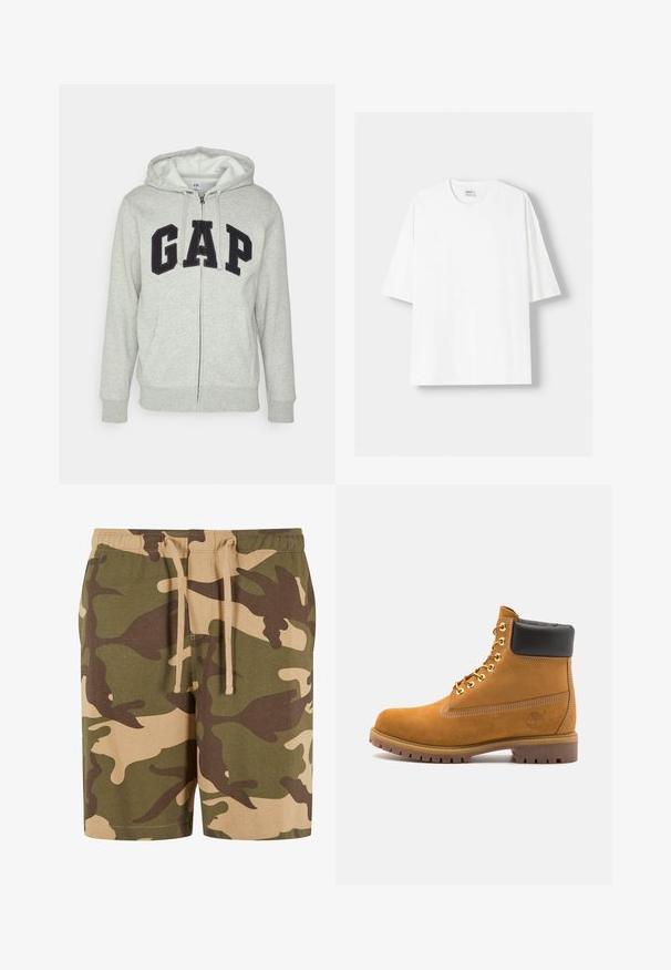 Harmaa vetoketjuhuppari, jossa on edessä kengurupussitasku ja musta "GAP"-logo. Pehmeää kangasta ja säädettävä nyöri hupparissa.; Valkoinen lyhythihainen t-paita, joka on valmistettu puuvillasta, ominaisuutenaan pyöreä pääntie ja rento istuvuus. Sileä pinta, ilman näkyviä kuvioita tai yksityiskohtia.; Shortsit, joissa on kamouflagekuvio, valmistettu puuvillasekoitteesta, vihreistä, ruskeista ja vaaleanruskeista sävyistä. Varustettu joustavalla vyötäröllä ja narulla. Rennon istuvuuden ja polvipituisen leikkauksen omaavat.; Valkoinen nahkainen nilkkuri mustalla pehmustetulla kauluksella, kultaisilla metallisilla rei'illä, valkoisella ompeluksella ja jykevällä kumipohjalla, jossa on selvästi näkyvät urat.