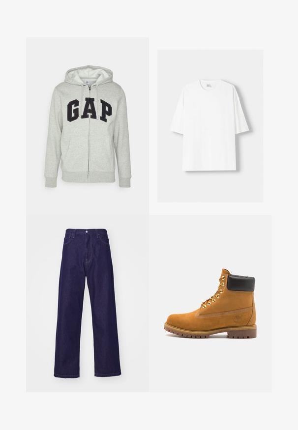 Siva zip-up kapuca z zadrgo s sprednjim kengurujskim žepom, s črnim logotipom "GAP". Mehak material in nastavljiva kapuca na vrvico.; Bela kratka majica s kratkimi rokavi iz bombaža, s krožnim izrezom in sproščenim krojem. Gladka tekstura, brez vidnih vzorcev ali poudarkov.; Temno modri široki jeans hlače z visokim pasom, ki imajo sprednje žepe in zapiranje na gumb, ter prikazujejo gladko in trdno teksturo.; Svetlo rjave anklne čizme iz semiša z črnim oblazinjenim ovratnikom, zlatimi kovinskimi očesci, belimi šivi in robustnim gumijastim podplatom s izrazitimi tredi.