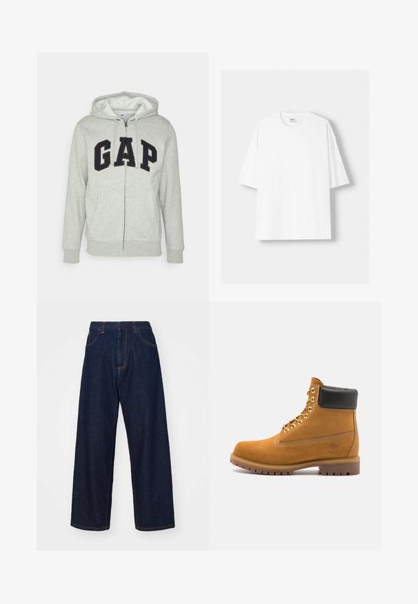 Gray zip-up hoodie with a front kangaroo pocket, featuring a black "GAP" logo. Soft fabric and adjustable drawstring hood.; White short-sleeved t-shirt made from cotton, featuring a round neckline and a relaxed fit. Smooth texture, with no visible patterns or accents.; Dark blue denim wide-leg trousers with orange stitching, five pockets, and a zip-fly closure, featuring a relaxed fit and smooth texture.; Tan suede ankle boot with black padded collar, gold metal eyelets, white stitching detailing, and rugged rubber sole with pronounced treads.