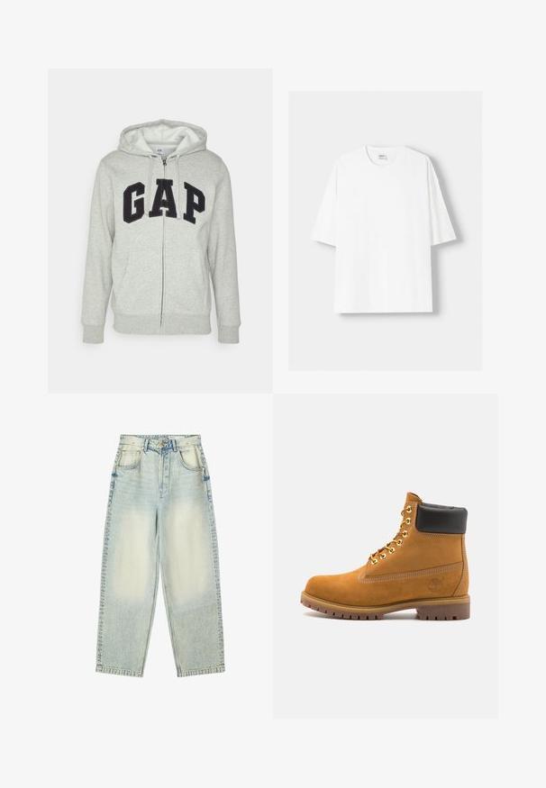 Sivi dukserica sa zatvaračem i prednjim kengur džepom, s crnim "GAP" logom. Mekana tkanina i kapuljača s podesivim vezicama.; Bijela kratkodlana majica s kratkim rukavima, izrađena od pamuka, s okruglim izrezom i opuštenim krojem. Gladak materijal, bez vidljivih uzoraka ili akcenta.; Svijetloplave, visokog struka traperice s širokim krojem, s izblijedjelim mrljama i suptilnim izgužvanjima. Klasičan dizajn s pet džepova i kopčanjem na dugme.; Antracitne antilop čizme do gležnjeva s crnim podstavljenim ovratnikom, zlatnim metalnim rupicama, bijelim šavovima i robusnom gumenom potplatom s izraženim šarama.