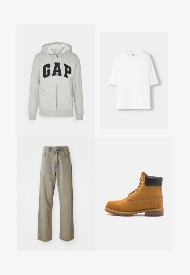 Sivi dukserica sa zatvaračem i prednjim kengur džepom, s crnim "GAP" logom. Mekana tkanina i kapuljača s podesivim vezicama.; Bijela kratkodlana majica s kratkim rukavima, izrađena od pamuka, s okruglim izrezom i opuštenim krojem. Gladak materijal, bez vidljivih uzoraka ili akcenta.; Svijetlosive traper hlače širokih nogavica, izrađene od denima, s izblijedjelom teksturom, vidljivim šavovima i tradicionalnim kopčanjem na gumb i munju.; Antracitne antilop čizme do gležnjeva s crnim podstavljenim ovratnikom, zlatnim metalnim rupicama, bijelim šavovima i robusnom gumenom potplatom s izraženim šarama.