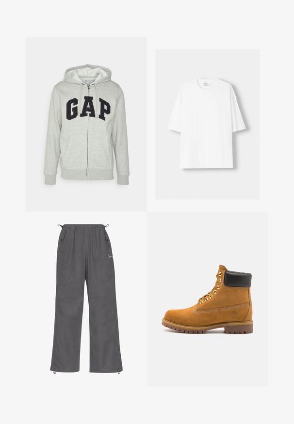 Gray zip-up hoodie with a front kangaroo pocket, featuring a black "GAP" logo. Soft fabric and adjustable drawstring hood.; White short-sleeved t-shirt made from cotton, featuring a round neckline and a relaxed fit. Smooth texture, with no visible patterns or accents.; Gray, wide-leg pants made of soft fabric. Features an elastic waistband, side pockets, and zippered cuffs. Simple design with minimal detailing.; Tan suede ankle boot with black padded collar, gold metal eyelets, white stitching detailing, and rugged rubber sole with pronounced treads.