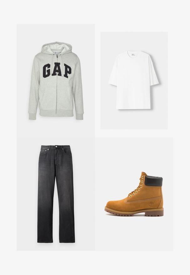 Gray zip-up hoodie with a front kangaroo pocket, featuring a black "GAP" logo. Soft fabric and adjustable drawstring hood.; White short-sleeved t-shirt made from cotton, featuring a round neckline and a relaxed fit. Smooth texture, with no visible patterns or accents.; Black high-waist straight-leg jeans with front button and zipper, two front pockets, and subtle faded detailing.; Tan suede ankle boot with black padded collar, gold metal eyelets, white stitching detailing, and rugged rubber sole with pronounced treads.