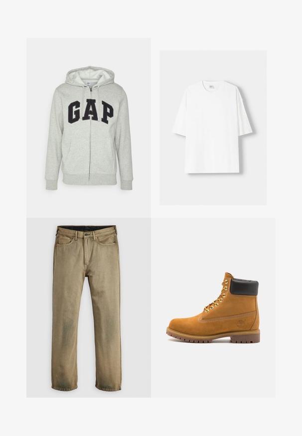 Gray zip-up hoodie with a front kangaroo pocket, featuring a black "GAP" logo. Soft fabric and adjustable drawstring hood.; White short-sleeved t-shirt made from cotton, featuring a round neckline and a relaxed fit. Smooth texture, with no visible patterns or accents.; Khaki-colored straight-leg jeans with five pockets, button closure, and belt loops, laid flat on a white background.; Tan suede ankle boot with black padded collar, gold metal eyelets, white stitching detailing, and rugged rubber sole with pronounced treads.