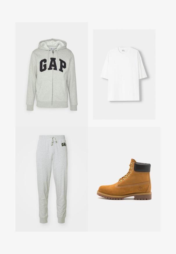 Sivá mikina na zips s prednou klokankou, s čiernym logom "GAP". Mäkká tkanina a nastaviteľná kapucňa so šnúrkou.; Biela tričko s krátkym rukávom vyrobené z bavlny, s okrúhlym výstrihom a voľným strihom. Hladká textúra, bez viditeľných vzorov alebo akcentov.; GAP HERITAGE LOGO JOGGER - Tepláky - grey; Tyrkysové semišové členkové topánky s čiernym polstrovaným golierom, zlatými kovovými očkami, bielym prešívaním a robustnou gumovou podrážkou s výraznými drážkami.