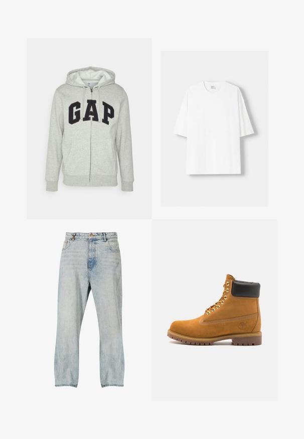 Szara bluza z kapturem na zamek z przednią kieszenią typu kangur, z czarnym logo "GAP". Miękka tkanina i regulowany kaptur z sznurkiem.; Biała koszulka z krótkim rękawem wykonana z bawełny, z okrągłym dekoltem i luźnym krojem. Gładka faktura, bez widocznych wzorów lub akcentów.; Jasnoniebieskie dżinsy o luźnym kroju, z wysokim stanem, kontrastowym przeszyciem i pięcioma kieszeniami. Gładka tekstura z wyblakłymi akcentami.; Beżowe zamszowe botki sięgające kostki z czarną wyściełaną krawędzią, złotymi oczkami, białymi detalami szycia oraz wytrzymałą gumową podeszwą z wyraźnym bieżnikiem.