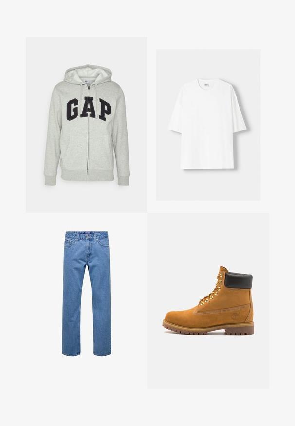 Szürke cipzáras kapucnis felső, elülső kenguruzsebbel, fekete "GAP" logóval. Puha anyag és állítható zsinóros kapucni.; Fehér, rövid ujjú pamut póló, kerek nyakkivágással és laza szabással. Simább textúra, látható minták vagy díszítések nélkül.; Világoskék farmernadrág, egyenes szabású dizájnnal, öt zsebből és gombos záródásból áll. Jellemzője egy textúrált anyag és klasszikus varrás.; Barna velúr bokacipő fekete párnázott gallérral, arany fém fűzőlyukakkal, fehér varrási részletekkel és durva gumitalppal, amelynek kifejezett barázdái vannak.