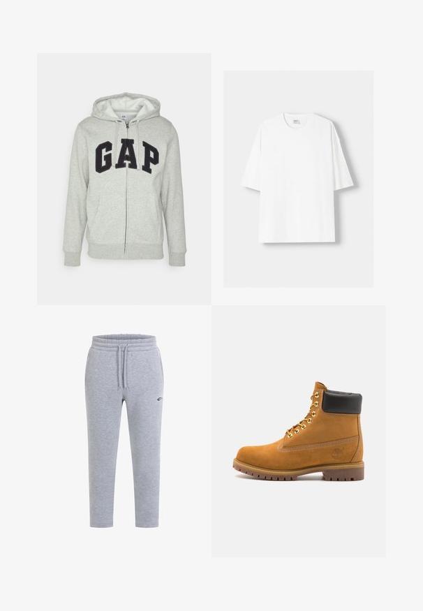 Grauer Reißverschluss-Hoodie mit einer vorderen Kängurutasche, ausgestattet mit einem schwarzen "GAP"-Logo. Weicher Stoff und verstellbare Kapuze mit Kordelzug.; Weißes kurzärmliges T-Shirt aus Baumwolle mit Rundhalsausschnitt und lockerer Passform. Glatte Textur, ohne sichtbare Muster oder Akzente.; Graue Jogginghosen aus weichem, strukturiertem Stoff. Mit elastischem Bund und Kordelzug sowie einem kleinen schwarzen Logo-Detail.; Beige Wildleder-Ankle-Boot mit schwarzem gepolstertem Kragen, goldenen Metallösen, weißen Nähdetalben und einer robusten Gummisohle mit ausgeprägtem Profil.
