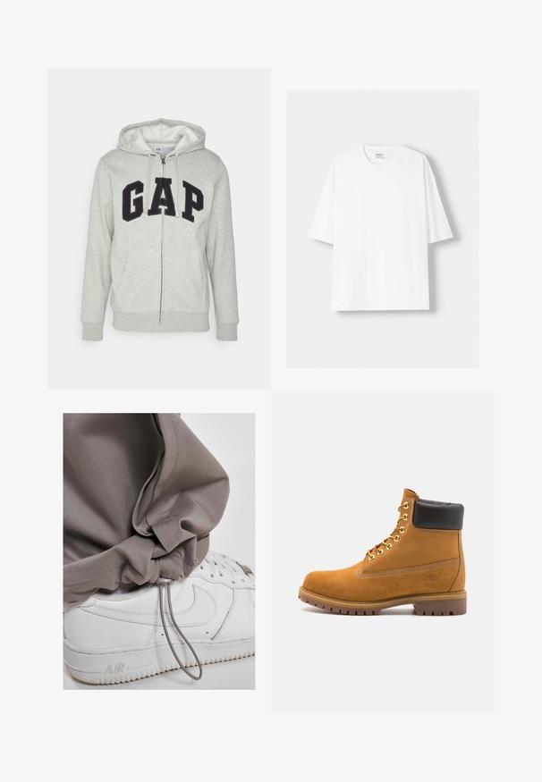 Grauer Reißverschluss-Hoodie mit einer vorderen Kängurutasche, ausgestattet mit einem schwarzen "GAP"-Logo. Weicher Stoff und verstellbare Kapuze mit Kordelzug.; Weißes kurzärmliges T-Shirt aus Baumwolle mit Rundhalsausschnitt und lockerer Passform. Glatte Textur, ohne sichtbare Muster oder Akzente.; Helle graue Jogginghosen mit Kordelzug und Bund, kombiniert mit weißen Sneakern, die eine strukturierte Sohle und ein markantes Logodesign aufweisen.; Beige Wildleder-Ankle-Boot mit schwarzem gepolstertem Kragen, goldenen Metallösen, weißen Nähdetalben und einer robusten Gummisohle mit ausgeprägtem Profil.