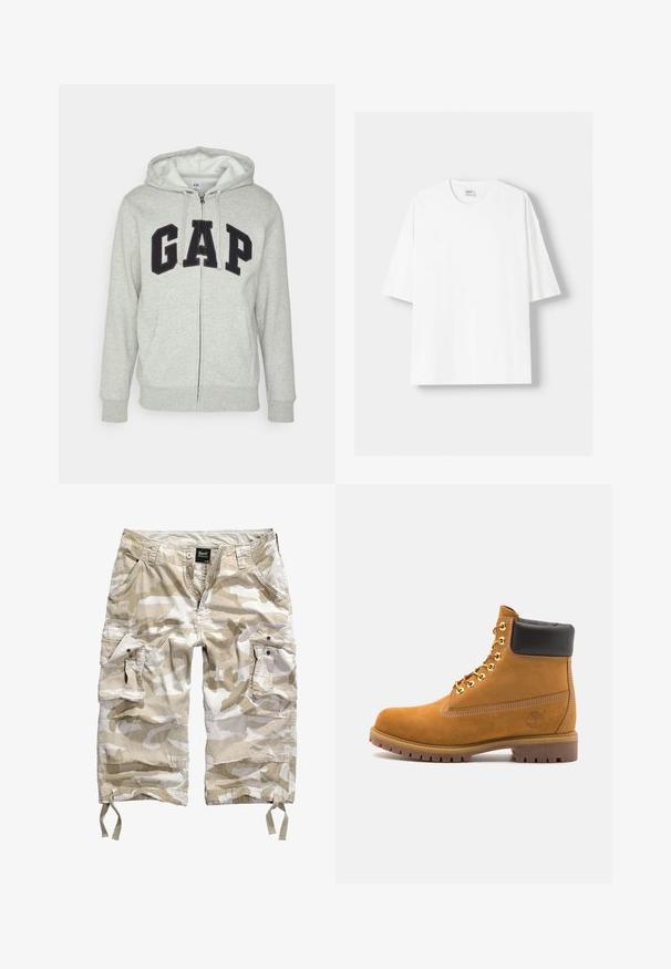 Szürke cipzáras kapucnis felső, elülső kenguruzsebbel, fekete "GAP" logóval. Puha anyag és állítható zsinóros kapucni.; Fehér, rövid ujjú pamut póló, kerek nyakkivágással és laza szabással. Simább textúra, látható minták vagy díszítések nélkül.; Beige terepmintás cargo sort, amely számos zsebbel, gombos záródással és húzózsinórral rendelkezik az alján, könnyű, tartós anyagból készült.; Barna velúr bokacipő fekete párnázott gallérral, arany fém fűzőlyukakkal, fehér varrási részletekkel és durva gumitalppal, amelynek kifejezett barázdái vannak.