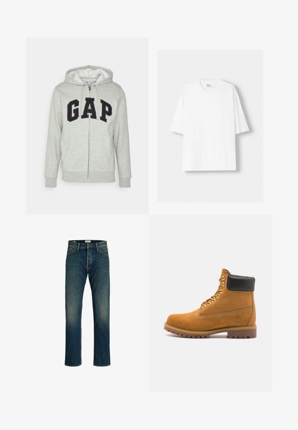 Szara bluza z kapturem na zamek z przednią kieszenią typu kangur, z czarnym logo "GAP". Miękka tkanina i regulowany kaptur z sznurkiem.; Biała koszulka z krótkim rękawem wykonana z bawełny, z okrągłym dekoltem i luźnym krojem. Gładka faktura, bez widocznych wzorów lub akcentów.; Jeans denimowe w średnim niebieskim odcieniu, o prostym kroju nogawki, klasycznym pięciopocketowym designie oraz lekkim wyblaknięciu na udach dla tekstury.; Beżowe zamszowe botki sięgające kostki z czarną wyściełaną krawędzią, złotymi oczkami, białymi detalami szycia oraz wytrzymałą gumową podeszwą z wyraźnym bieżnikiem.