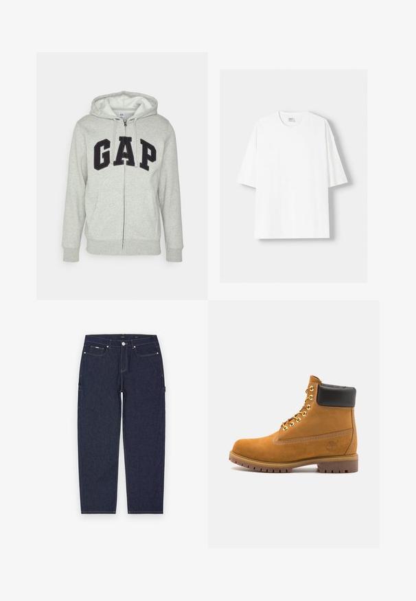 Gray zip-up hoodie with a front kangaroo pocket, featuring a black "GAP" logo. Soft fabric and adjustable drawstring hood.; White short-sleeved t-shirt made from cotton, featuring a round neckline and a relaxed fit. Smooth texture, with no visible patterns or accents.; Dark blue denim cargo pants with a straight cut, featuring visible yellow stitching, front and side pockets, and a metal button closure.; Tan suede ankle boot with black padded collar, gold metal eyelets, white stitching detailing, and rugged rubber sole with pronounced treads.