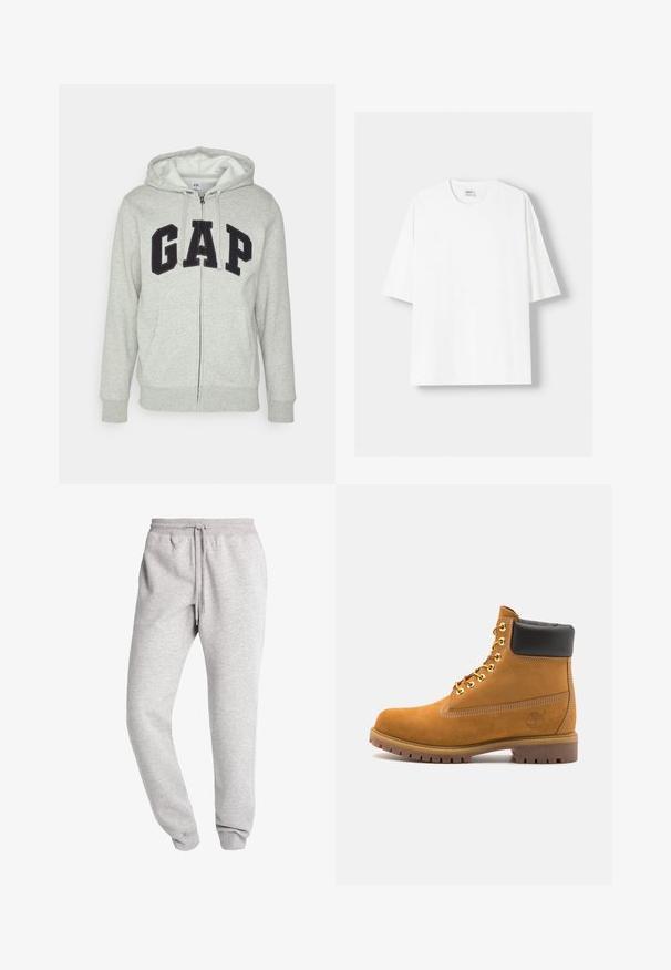 Szürke cipzáras kapucnis felső, elülső kenguruzsebbel, fekete "GAP" logóval. Puha anyag és állítható zsinóros kapucni.; Fehér, rövid ujjú pamut póló, kerek nyakkivágással és laza szabással. Simább textúra, látható minták vagy díszítések nélkül.; Urban Classics BASIC SWEATPANTS - Tréningruha alsók - grey; Barna velúr bokacipő fekete párnázott gallérral, arany fém fűzőlyukakkal, fehér varrási részletekkel és durva gumitalppal, amelynek kifejezett barázdái vannak.