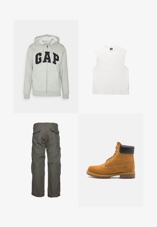 Szürke cipzáras kapucnis felső, elülső kenguruzsebbel, fekete "GAP" logóval. Puha anyag és állítható zsinóros kapucni.; Fehér ujjatlan felső kerek nyakkivágással, puha pamut anyagból készült. Egyenes vonalvezetés jellemzi, tiszta szélekkel, minta vagy díszítés nélkül.; Olíva zöld cargo nadrág, több oldalsó zsebbel, laza szabással és állítható mandzsettákkal a biztonságos illeszkedés érdekében. Tartós pamut anyag.; Barna velúr bokacipő fekete párnázott gallérral, arany fém fűzőlyukakkal, fehér varrási részletekkel és durva gumitalppal, amelynek kifejezett barázdái vannak.