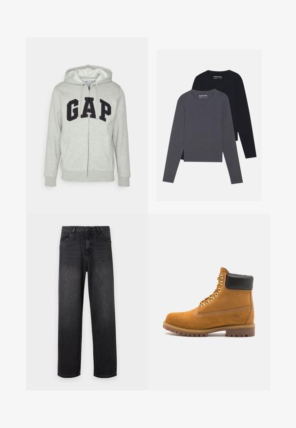 Pelēks zamšs kapuces jaku ar priekšējo kangoru kabatu, kurai ir melns "GAP" logo. Mīksts audums un regulējama pārvilkšanas kapuce.; YOURTURN 2 PACK UNISEX - Tops ar garām piedurknēm - dark grey/black; Tumši pelēki džinsi ar taisnu kāju dizainu, ar rāvējslēdzēja aizdari, piecām kabatām un smalkiem izbalējumu elementiem uz auduma.; Brūna zamša potīte ar melnu izšuvumu ap kaklu, zelta metāla acu caurumi, balta šuvju apdare un izturīgs gumijas zole ar izteiktu zīmējumu.