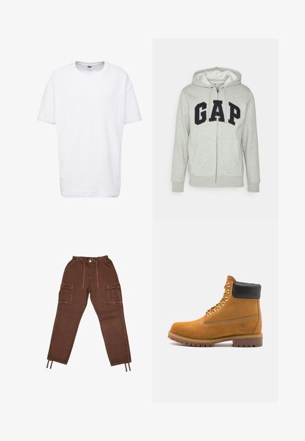 Gray zip-up hoodie with a front kangaroo pocket, featuring a black "GAP" logo. Soft fabric and adjustable drawstring hood.; Urban Classics Basic T-shirt - white; Brown cargo pants with an elastic waistband, two large side pockets, drawstring cuffs, and a smooth texture. Features a button closure.; Tan suede ankle boot with black padded collar, gold metal eyelets, white stitching detailing, and rugged rubber sole with pronounced treads.