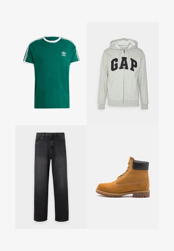 Pilka zip-up džemperis su priekiu kangaroo kišenėmis, su juodu "GAP" logotipu. Minkšta medžiaga ir reguliuojama raištelių kapuce.; Žalias medvilninis marškinėliai su balta apykakle ir rankovių krašteliais. Yra balti trijų juostų akcentai ant pečių ir mažas baltas logotipas ant krūtinės.; Tamsiai pilki džinsai su tiesiomis kojomis, turintys užtrauktuko kišenę, penkias kišenes ir subtilius išblukimo akcentus audinyje.; Tan spalvą turintys suknelės batus iki kulkšnies su juodu paminkštintu apvadu, auksiniais metaliniais akių užsegimais, baltais siūlų dekoratyviniais elementais ir tvirtu guminiu padu su ryškiai išreikštais raštais.