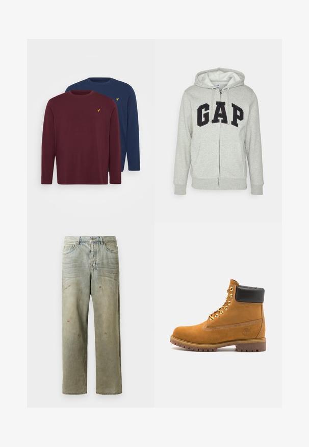 Gray zip-up hoodie with a front kangaroo pocket, featuring a black "GAP" logo. Soft fabric and adjustable drawstring hood.; Pier One 2 PACK - Long sleeved top - bordeaux/dark blue; Distressed denim jeans in light green, featuring a straight leg, five-pocket design, and uneven fading with paint splatters.; Tan suede ankle boot with black padded collar, gold metal eyelets, white stitching detailing, and rugged rubber sole with pronounced treads.