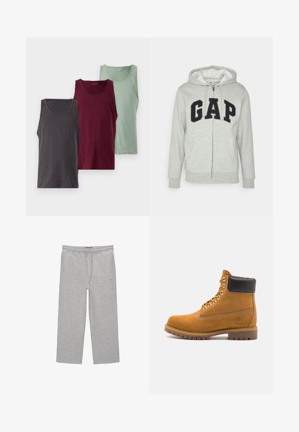 Grauer Reißverschluss-Hoodie mit einer vorderen Kängurutasche, ausgestattet mit einem schwarzen "GAP"-Logo. Weicher Stoff und verstellbare Kapuze mit Kordelzug.; Drei Tanktops in verschiedenen Farben: dunkelgrau, burgunderrot und hellgrün. Jedes hat eine glatte Textur und einen runden Ausschnitt.; Graue Baumwoll-Loungehosen mit elastischem Bund, Kordelzug und zwei seitlichen Taschen; gerader Schnitt, weiche Textur, ohne Muster.; Beige Wildleder-Ankle-Boot mit schwarzem gepolstertem Kragen, goldenen Metallösen, weißen Nähdetalben und einer robusten Gummisohle mit ausgeprägtem Profil.