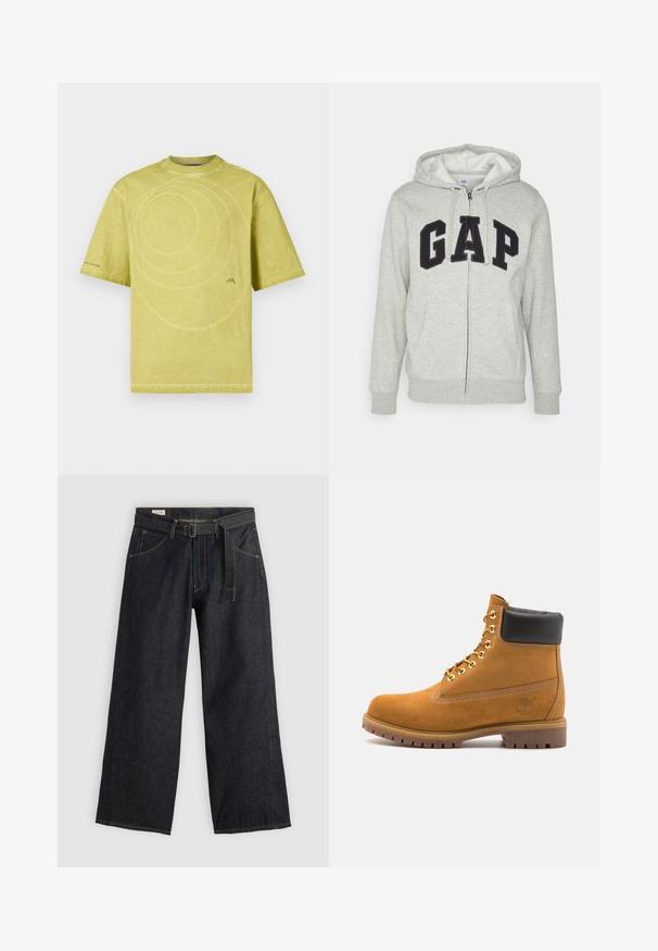 Pilka zip-up džemperis su priekiu kangaroo kišenėmis, su juodu "GAP" logotipu. Minkšta medžiaga ir reguliuojama raištelių kapuce.; Šviesiai geltonas medvilninis marškinėliai su apvaliu iškirpimu, trumpomis rankovėmis ir spiralės siuvimo raštu ant priekio. Minimalus ženklas apačioje.; Tamsaus džinsinio audinio plačių kojų kelnės su dirželiu juosmens srityje, turinčios priekinės kišenes ir kontrastingą siuvinėjimą. Sklandus paviršius su tvarkingu dizainu.; Tan spalvą turintys suknelės batus iki kulkšnies su juodu paminkštintu apvadu, auksiniais metaliniais akių užsegimais, baltais siūlų dekoratyviniais elementais ir tvirtu guminiu padu su ryškiai išreikštais raštais.