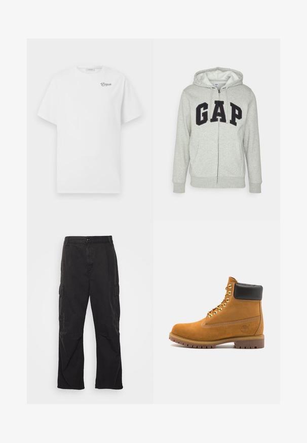 Harmaa vetoketjuhuppari, jossa on edessä kengurupussitasku ja musta "GAP"-logo. Pehmeää kangasta ja säädettävä nyöri hupparissa.; Valkoinen puuvillapaita lyhyillä hihoilla, pyöreä kaula-aukko, jossa on musta "Pompeii" -logo vasemmassa rinnassa. Pehmeä, sileä pinta.; Mustat cargo-housut suoralinjaisella muotoilulla, joissa on kaksi sivutaskua, nappikiinnitys ja teksturoitu kangas.; Valkoinen nahkainen nilkkuri mustalla pehmustetulla kauluksella, kultaisilla metallisilla rei'illä, valkoisella ompeluksella ja jykevällä kumipohjalla, jossa on selvästi näkyvät urat.