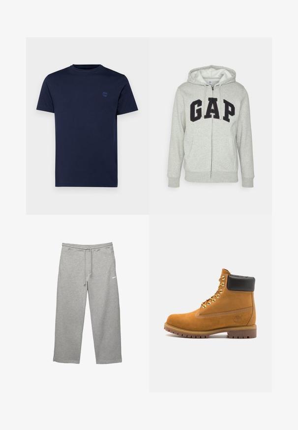 Szürke cipzáras kapucnis felső, elülső kenguruzsebbel, fekete "GAP" logóval. Puha anyag és állítható zsinóros kapucni.; Sötétkék pamut póló, kerek nyakkal, rövid ujjakkal és egy kis hímzett logóval a mellrészen. Simasztott textúra, normál fazon.; Szürke, puha anyagból készült melegítőnadrág, rugalmas derékpánttal, állítható húzózsinórral és oldalsó zsebekkel. Egy kis fehér logóval rendelkezik.; Barna velúr bokacipő fekete párnázott gallérral, arany fém fűzőlyukakkal, fehér varrási részletekkel és durva gumitalppal, amelynek kifejezett barázdái vannak.