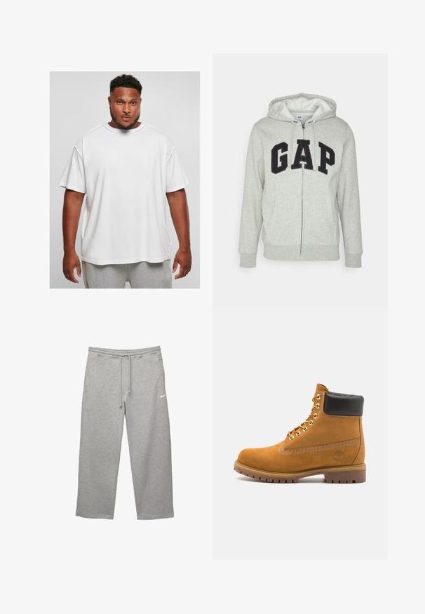 Felpa grigia con zip e tasca a marsupio frontale, con il logo "GAP" in nero. Tessuto morbido e cappuccio regolabile con cordino.; T-shirt bianca oversize in cotone con maniche corte e scollatura rotonda, caratterizzata da una texture morbida e una vestibilità rilassata, indossata con pantaloni corti grigi.; Pantaloni sportivi grigi realizzati in tessuto morbido, con vita elastica, cordoncino regolabile e tasche laterali. Presenta un piccolo logo bianco.; Stivale alla caviglia in suede tan con collare imbottito nero, occhielli in metallo dorato, dettagli in cucitura bianca e suola in gomma robusta con battistrada pronunciato.