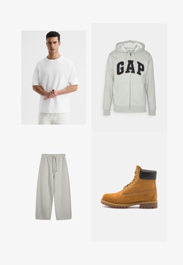 Grauer Reißverschluss-Hoodie mit einer vorderen Kängurutasche, ausgestattet mit einem schwarzen "GAP"-Logo. Weicher Stoff und verstellbare Kapuze mit Kordelzug.; Weißes Baumwoll-T-Shirt mit Rundhalsausschnitt, kurzen Ärmeln, lockerer Passform und glatter Textur. Keine sichtbaren Muster oder Akzente.; Helle graue Jogginghose aus einem weichen Baumwollmix, mit elastischem Taillenbund und Bindegürtel, zwei Seitentaschen und einem entspannten, weit geschnittenen Design.; Beige Wildleder-Ankle-Boot mit schwarzem gepolstertem Kragen, goldenen Metallösen, weißen Nähdetalben und einer robusten Gummisohle mit ausgeprägtem Profil.