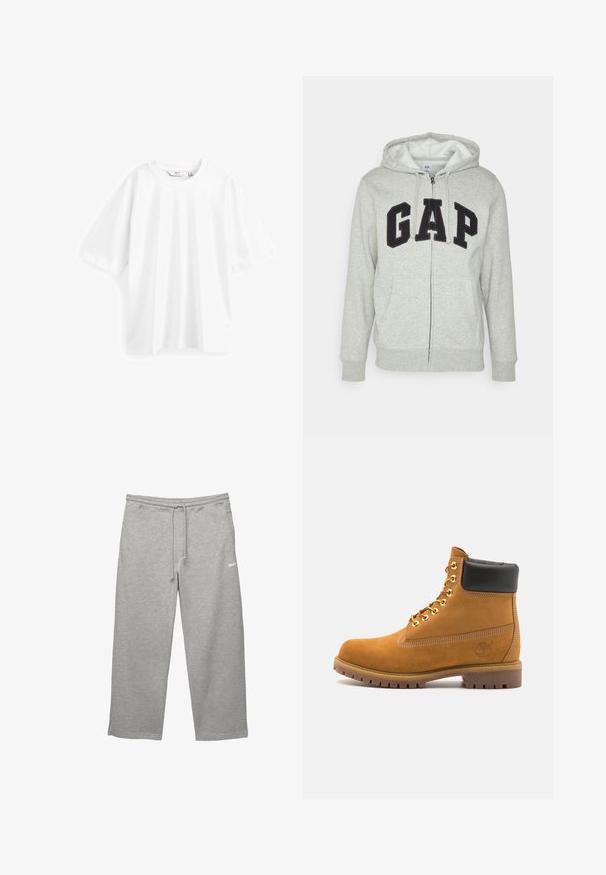 Szürke cipzáras kapucnis felső, elülső kenguruzsebbel, fekete "GAP" logóval. Puha anyag és állítható zsinóros kapucni.; Next RELAXED FIT HEAVYWEIGHT OVERSIZED - Basic póló - white; Szürke, puha anyagból készült melegítőnadrág, rugalmas derékpánttal, állítható húzózsinórral és oldalsó zsebekkel. Egy kis fehér logóval rendelkezik.; Barna velúr bokacipő fekete párnázott gallérral, arany fém fűzőlyukakkal, fehér varrási részletekkel és durva gumitalppal, amelynek kifejezett barázdái vannak.