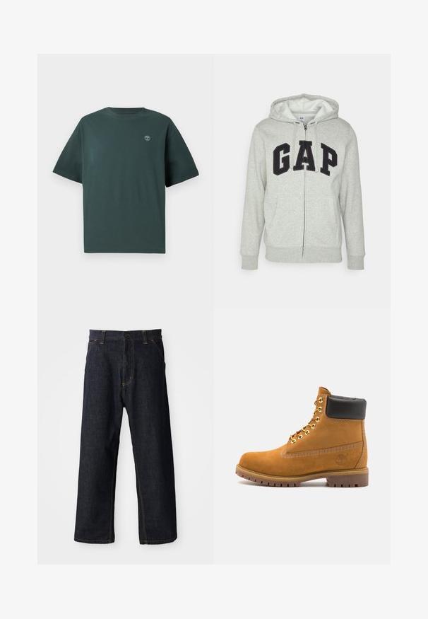 Pilka zip-up džemperis su priekiu kangaroo kišenėmis, su juodu "GAP" logotipu. Minkšta medžiaga ir reguliuojama raištelių kapuce.; Tamsiai žalia medvilninė marškinėliai su trumpomis rankovėmis, apvalia kaklo iškirpte ir maža šviesiai mėlyna logo kairėje krūtinės pusėje. Lygus tekstūra, laisvas siluetas.; Tamsiai mėlyni džinsai su tiesiomis kojomis, pasižymintys geltonomis siūlėmis, priekinėmis kišenėmis ir mygtuku juosmens užsegimui.; Tan spalvą turintys suknelės batus iki kulkšnies su juodu paminkštintu apvadu, auksiniais metaliniais akių užsegimais, baltais siūlų dekoratyviniais elementais ir tvirtu guminiu padu su ryškiai išreikštais raštais.