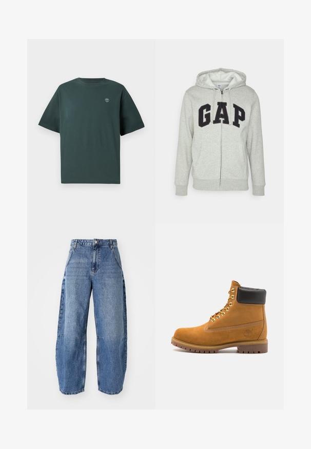 Grauer Reißverschluss-Hoodie mit einer vorderen Kängurutasche, ausgestattet mit einem schwarzen "GAP"-Logo. Weicher Stoff und verstellbare Kapuze mit Kordelzug.; Dunkelgrünes Baumwoll-T-Shirt mit kurzen Ärmeln, Rundhalsausschnitt und kleinem hellblauen Logo auf der linken Brust. Glatte Textur, lässige Passform.; Hellblaue Jeans mit einem lockeren, weiten Schnitt, hoher Taille, fünf Taschen und sichtbaren Stichdetails.; Beige Wildleder-Ankle-Boot mit schwarzem gepolstertem Kragen, goldenen Metallösen, weißen Nähdetalben und einer robusten Gummisohle mit ausgeprägtem Profil.