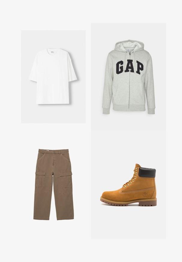 Szürke cipzáras kapucnis felső, elülső kenguruzsebbel, fekete "GAP" logóval. Puha anyag és állítható zsinóros kapucni.; Fehér, rövid ujjú pamut póló, kerek nyakkivágással és laza szabással. Simább textúra, látható minták vagy díszítések nélkül.; Kakhi vászon cargo nadrág, amely laza szabású, elöl két zsebbel és két nagy combzsebbel rendelkezik.; Barna velúr bokacipő fekete párnázott gallérral, arany fém fűzőlyukakkal, fehér varrási részletekkel és durva gumitalppal, amelynek kifejezett barázdái vannak.