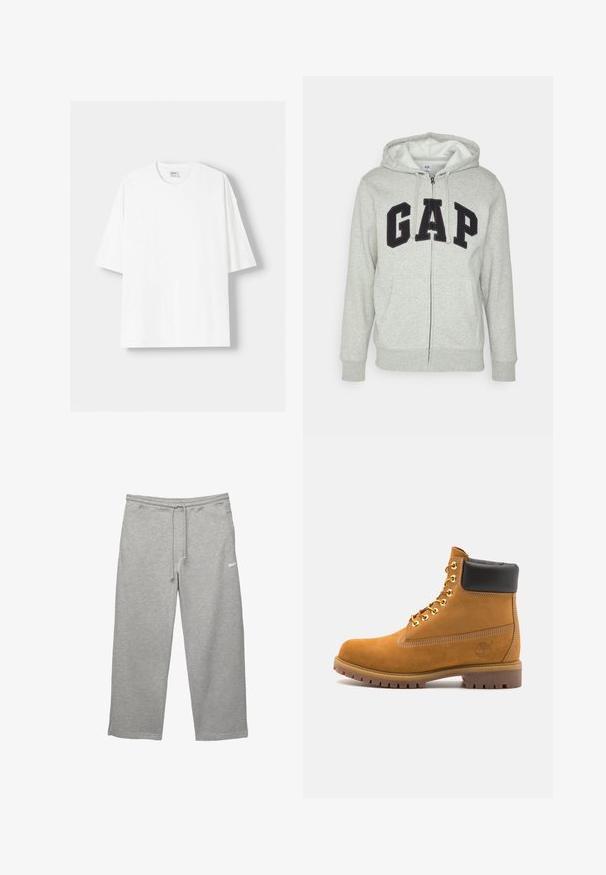 Šedá mikina s kapsou na klokanku a zipem, s černým logem "GAP". Měkká látka a nastavitelné stahovací kapuce.; Bílá krátkosrstá tričko s krátkým rukávem vyrobené z bavlny, se zaobleným výstřihem a volným střihem. Hladká textura, bez viditelných vzorů nebo akcentů.; Šedé tepláky vyrobené z měkké látky s elastickým páskem, nastavovatelnou šňůrkou a bočními kapsami. Obsahují malé bílé logo.; Hnědé semišové kotníkové boty s černým polstrovaným límcem, zlatými kovovými očky, bílým prošíváním a odolnou gumovou podrážkou s výraznými drážkami.