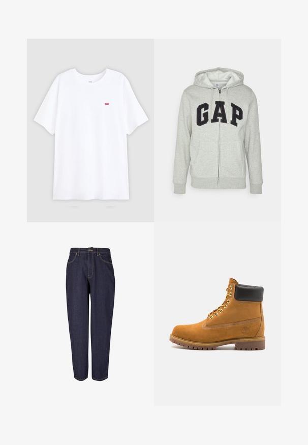 Harmaa vetoketjuhuppari, jossa on edessä kengurupussitasku ja musta "GAP"-logo. Pehmeää kangasta ja säädettävä nyöri hupparissa.; Valkoinen puuvillapaita lyhythihaisilla ja pyöreällä kaula-aukolla. Paita sisältää pienen punaisen Levi's-logon vasemmalla rinnalla. Tasainen muotoilu, ei kuvioita.; Tummat farkut suoranlahkeisella muotoilulla, jossa on perinteinen viiden taskun tyyli, hillitty kultaommel ja metallinen napitus.; Valkoinen nahkainen nilkkuri mustalla pehmustetulla kauluksella, kultaisilla metallisilla rei'illä, valkoisella ompeluksella ja jykevällä kumipohjalla, jossa on selvästi näkyvät urat.