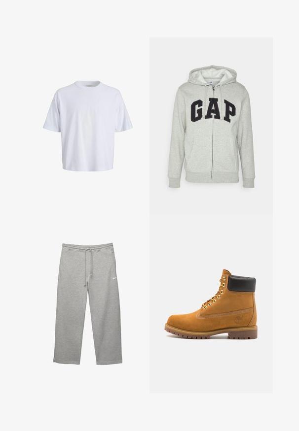 Sivi dukserica sa zatvaračem i prednjim kengur džepom, s crnim "GAP" logom. Mekana tkanina i kapuljača s podesivim vezicama.; Bijela pamučna majica s okruglim izrezom, kratkim rukavima i opuštenim krojem. Glatka tekstura i minimalni dizajn bez vidljivih uzoraka ili detalja.; Sive trenerke od mekanog materijala s elastičnim pojasom, podesivom vezicom i bočnim džepovima. Ima mali bijeli logo.; Antracitne antilop čizme do gležnjeva s crnim podstavljenim ovratnikom, zlatnim metalnim rupicama, bijelim šavovima i robusnom gumenom potplatom s izraženim šarama.