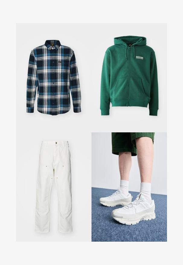 Felpa verde con zip realizzata in tessuto morbido, con tasca frontale, cordini e un logo sul lato sinistro in alto.; Lee RIVETED SHIRT - Camicia - inky blue; Pantaloni cargo bianchi in cotone con vestibilità rilassata. Tra le caratteristiche ci sono tasche frontali, dettagli in metallo dorato e sezioni rinforzate sulle ginocchia.; Scarpe da ginnastica bianche con sovrapposizioni testurizzate, suola spessa e accenti grigi. Indossate con calze corte bianche e pantaloni corti verdi su una superficie blu.