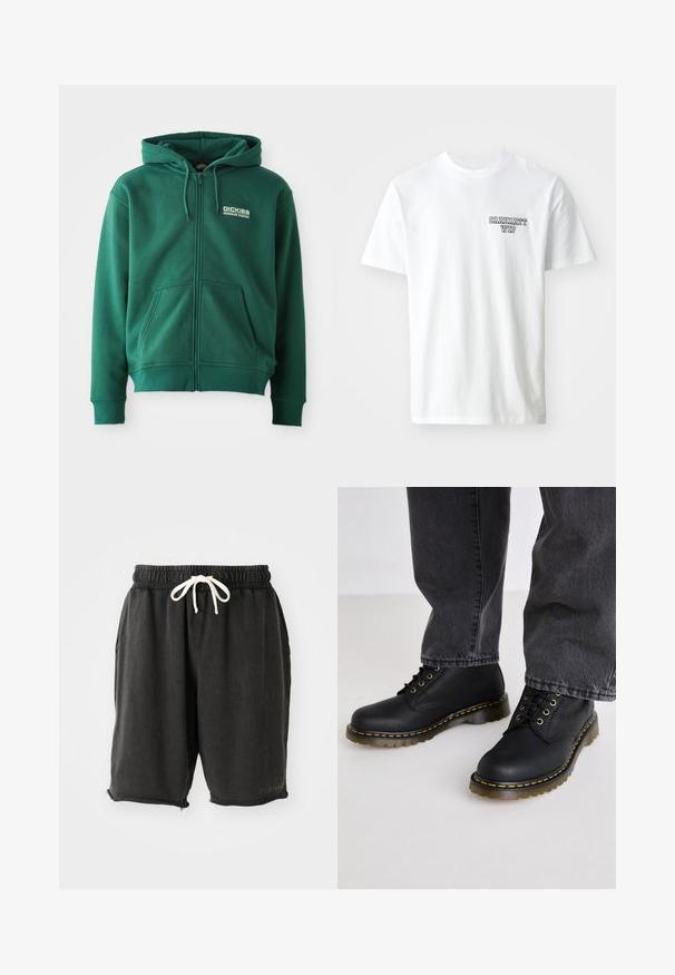 Hanorac verde cu fermoar, fabricat dintr-un material moale, având o buzunar frontal, șnururi și un logo în partea stângă sus.; Tricou alb din bumbac cu guler rotund. Are un mic logo textat albastru "CARHARTT WIP" pe partea stângă a pieptului. Croi clasic, mâneci scurte.; Șorturi negre din bumbac cu un elastic la talie și un șnur alb. Dispune de buzunare laterale și o margine nefinisată cu detalii din fermoar mici.; Bocanci negri din piele, cu șireturi, cu un finisaj texturat, talpă groasă din cauciuc și accente de cusătură galbenă, asortați cu pantaloni din denim gri.