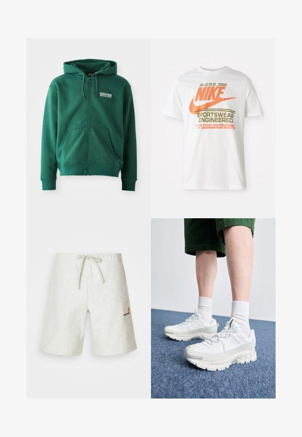 Vihreä vetoketjulla varustettu huppari, joka on valmistettu pehmeästä kankaasta. Siinä on etutasku, nyörit ja logo vasemmalla yläpuolella.; Valkoinen puuvillatee-paita, jossa on suuri oranssi "NIKE" -logo ja vihreä teksti, joka lukee "SPORTSWEAR ENGINEERED" sekä lisätietoja.; Harmaat lyhyet housut, jotka on valmistettu teksturoidusta materiaalista. Ominaisuuksina säädettävä naruhihna vyötäröllä ja pieni logo vasemmalla puolella.; Valkoiset urheilukengät, joissa on tekstuuriset päällysteet, paksu pohja ja harmaat yksityiskohdat. Yhdistetty valkoisiin putkisukkiin ja vihreisiin shortseihin sinisellä pinnalla.