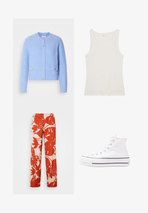 Kardigan w kolorze nieba w wysokiej jakości materiału z teksturą, z okrągłym dekoltem, zapięciem na guziki oraz dwiema przednimi kieszeniami z złotymi akcentami.; Biała bawełniana koszulka na ramiączkach z szerokim dekoltem i cienkimi ramiączkami. Gładka faktura bez widocznych wzorów czy zdobień.; Spodnie o szerokich nogawkach w czerwono-kremowy wzór kwiatowy z elastycznym paskiem w talii. Tkanina ma gładką fakturę i ozdobiona jest dużymi liśćmi oraz wzorami kwiatowymi.; Białe wysokie trampki z płótna z czarną gumową podeszwą, przednim czubkiem z gumy i sześcioma dziurkami na sznurowadła, charakteryzujące się prostym, minimalistycznym designem.