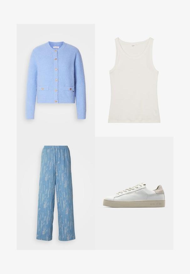 Světle modrý, texturovaný svetr vyrobený z měkkého materiálu, s kulatým výstřihem, zapínáním na knoflíky a dvěma předními kapsami se zlatými akcenty.; Bílý bavlněný top bez rukávů s širokým výstřihem a tenkými ramínky. Hladká textura bez viditelných vzorů nebo ozdob.; Světlé modré kalhoty s širokými nohavicemi vyrobené z texturované látky s jemným abstraktním potiskem. Mají elastický pás pro pohodlí.; Bílé kožené tenisky s hladkým povrchem, béžovými semišovými akcenty, kulatou špičkou, plochým šněrováním a texturovanou gumovou podrážkou.